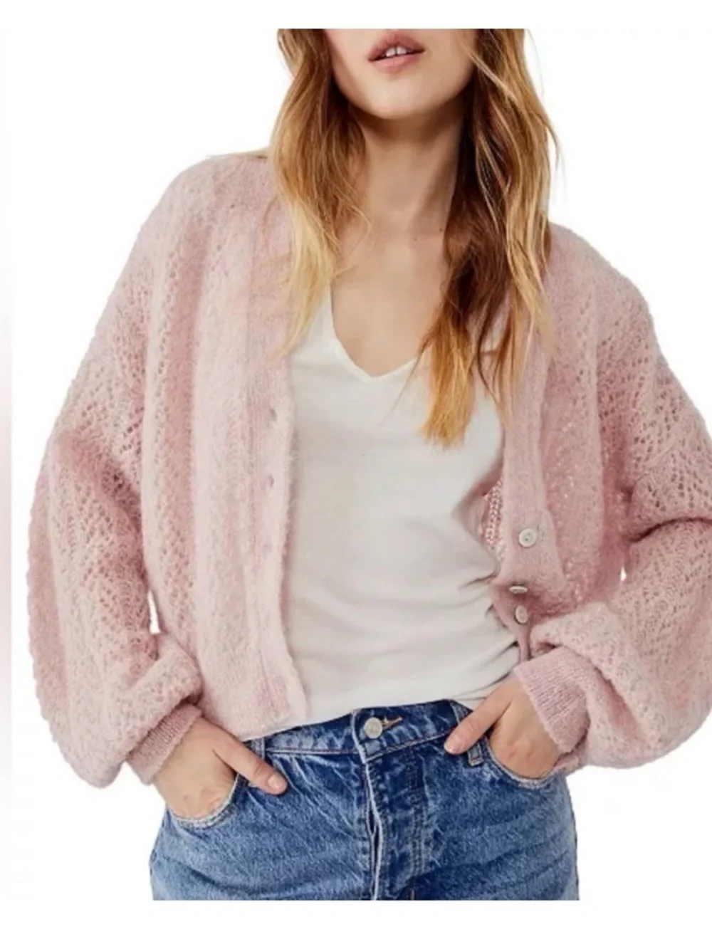 Free People Amelia Alpaca Pointelle Cardigan - Whisper Pink (Women’s Size Small)